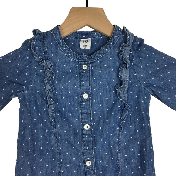 GAP Baby Polka Dot Chambray Dress Ruffle Long Sleeve Button Front Denim Size 2T - Picture 2 of 10